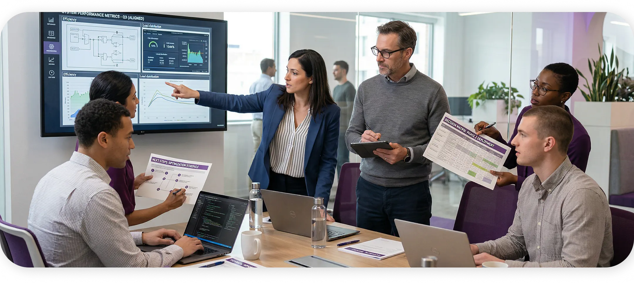 Business team reviewing performance analytics and dashboards during a collaborative meeting.