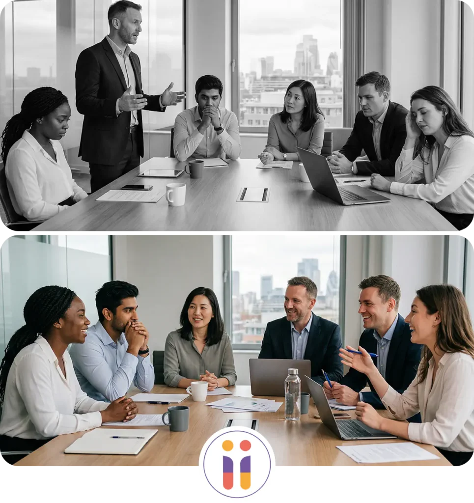 Professional team discussing workplace values and ethical decision-making in a meeting.